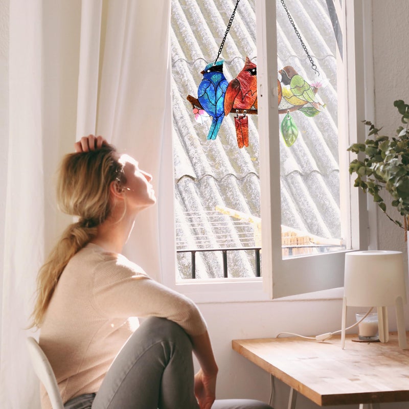 DASTOLL Stained Glass Window Hanging - Hummingbird on Branch Suncatcher Hand-Painted Double Side Stain Glass Cardinal Gifts Sun Catcher for Windows Doors Room Outdoor Home Decoration - Image 3