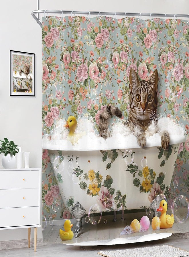 Riyidecor Funny Cute Cat Shower Curtain for Bathroom Decor 72Wx72H Vintage Rose Floral Duck Retro Kitten Animals in Bathtub Bubble Art Printed Fabric Polyester Waterproof 12 Pack Plastic Hooks - Image 3