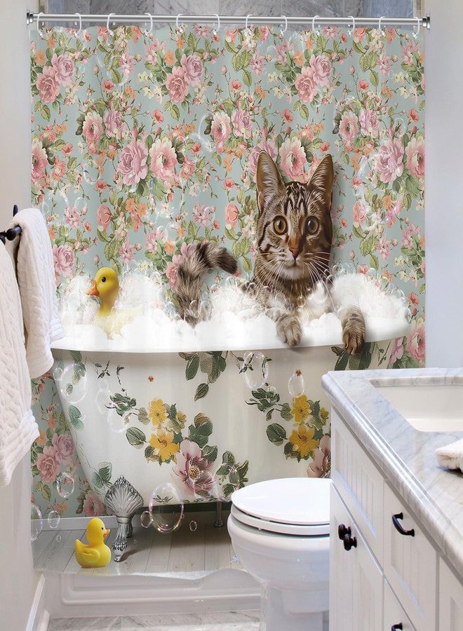 Riyidecor Funny Cute Cat Shower Curtain for Bathroom Decor 72Wx72H Vintage Rose Floral Duck Retro Kitten Animals in Bathtub Bubble Art Printed Fabric Polyester Waterproof 12 Pack Plastic Hooks - Image 4