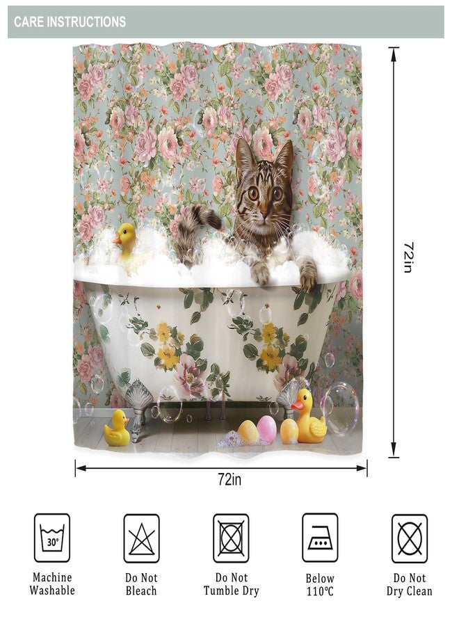 Riyidecor Funny Cute Cat Shower Curtain for Bathroom Decor 72Wx72H Vintage Rose Floral Duck Retro Kitten Animals in Bathtub Bubble Art Printed Fabric Polyester Waterproof 12 Pack Plastic Hooks - Image 5
