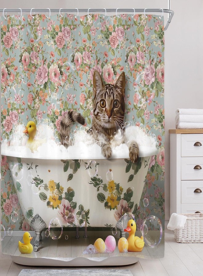 Riyidecor Funny Cute Cat Shower Curtain for Bathroom Decor 72Wx72H Vintage Rose Floral Duck Retro Kitten Animals in Bathtub Bubble Art Printed Fabric Polyester Waterproof 12 Pack Plastic Hooks - Image 2