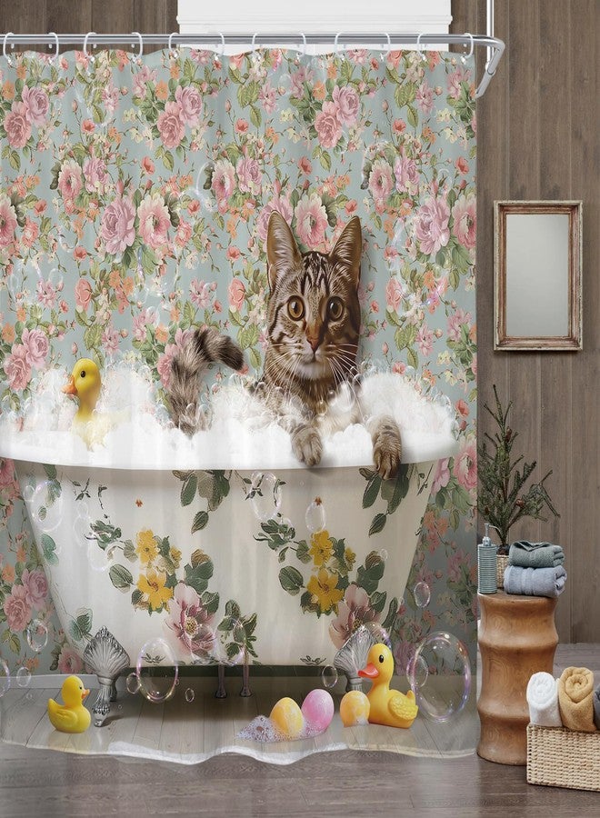 Riyidecor Funny Cute Cat Shower Curtain for Bathroom Decor 72Wx72H Vintage Rose Floral Duck Retro Kitten Animals in Bathtub Bubble Art Printed Fabric Polyester Waterproof 12 Pack Plastic Hooks - Image 1