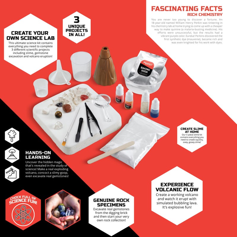 Discovery Kids #MINDBLOWN Ultimate Science Experiment 17 pc Kit, Perform 4 Experiments! Make Slime, Build a Volcano & Dig for Gems, Educational Toy for Children, Learn Chemistry & Excavation, Ages 8+ - Image 4