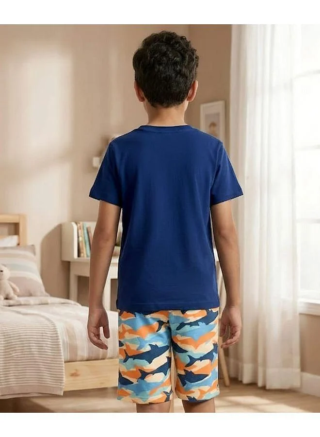 Pine Kids Pine Kids Cotton Knit Half Sleeves Short Pajama Set with Shark Print - Navy Blue