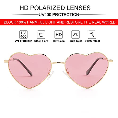 JOVAKIT Polarized Heart Sunglasses for Women Fashion Lovely Style Metal Frame UV400 Protection Lens (Gold/Pink) - Image 2