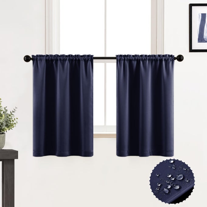 HALF CURTAINS FOR WINDOWS BLACKOUT 2 PANELS SET SHORT WATERPROOF LIGHT BLOCKING ROOM DARKENING THERMAL INSULATED SMALL CURTAINS FOR KITCHEN BATHROOM30 INCH LENGTHNAVY BLUE