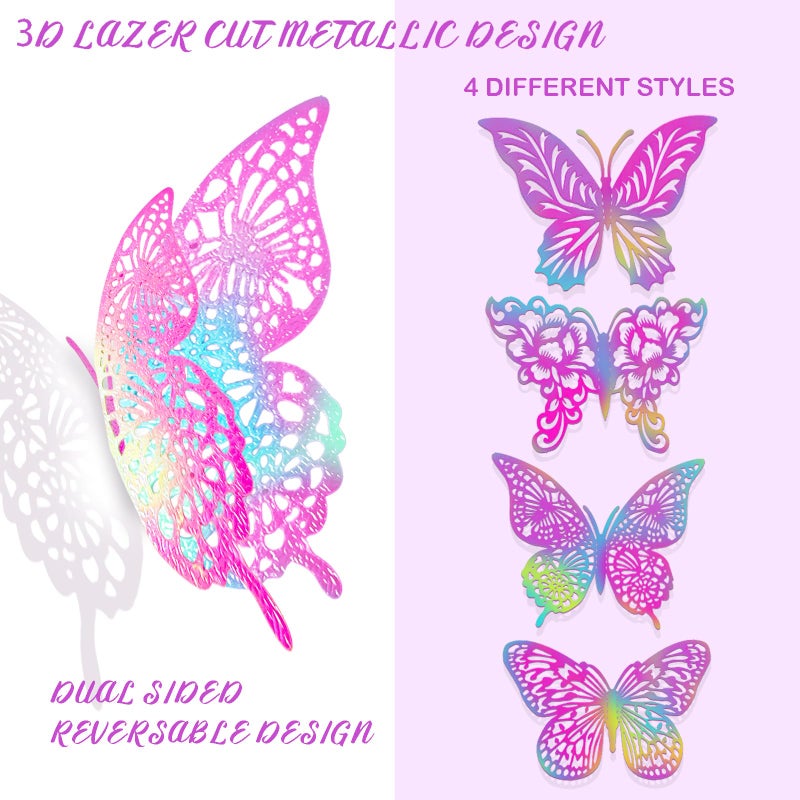 XUNXMAS 3D Butterfly Wall Decor 3 Sizes 4 Styles Butterfly Party Decorations Cake Decorations Removable Stickers Wall Decor Room Mural Metallic (Laser Pink Purple, 48Pcs) - Image 3