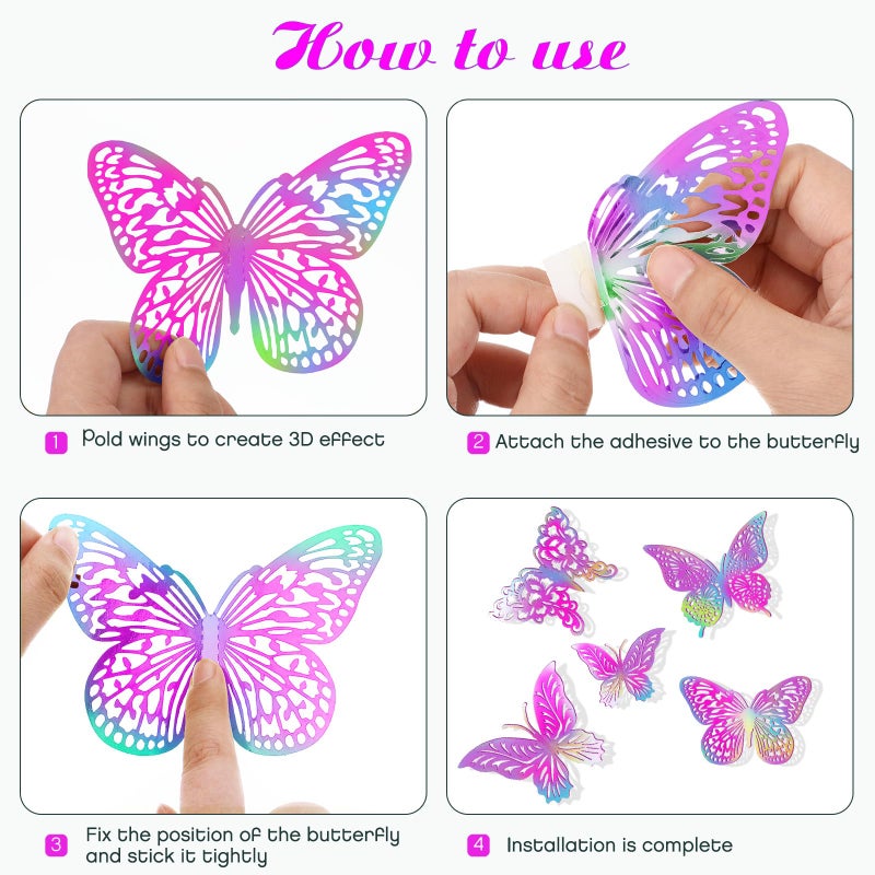XUNXMAS 3D Butterfly Wall Decor 3 Sizes 4 Styles Butterfly Party Decorations Cake Decorations Removable Stickers Wall Decor Room Mural Metallic (Laser Pink Purple, 48Pcs) - Image 4