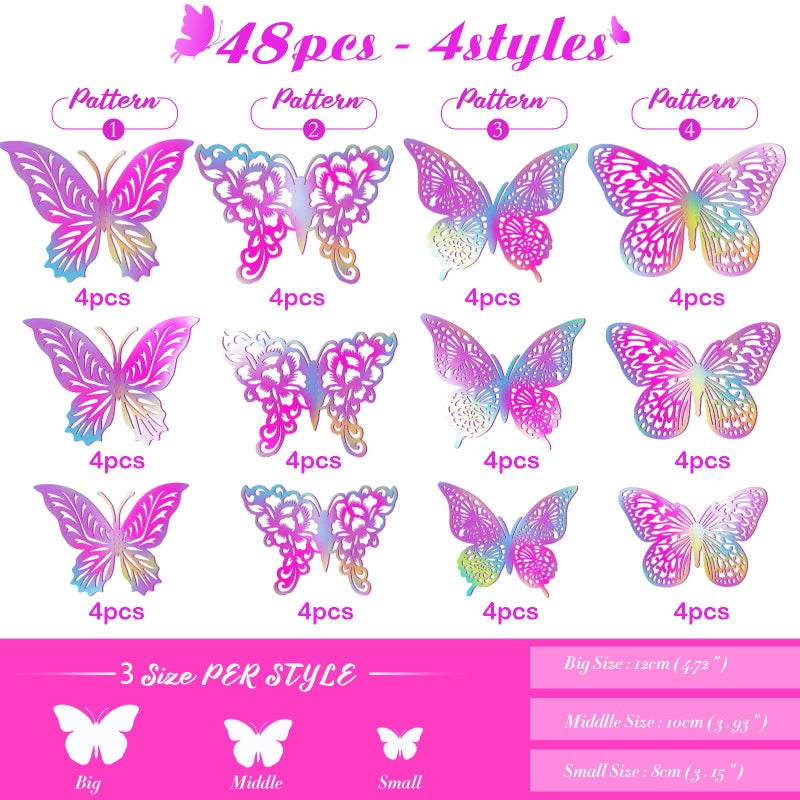 XUNXMAS 3D Butterfly Wall Decor 3 Sizes 4 Styles Butterfly Party Decorations Cake Decorations Removable Stickers Wall Decor Room Mural Metallic (Laser Pink Purple, 48Pcs) - Image 2