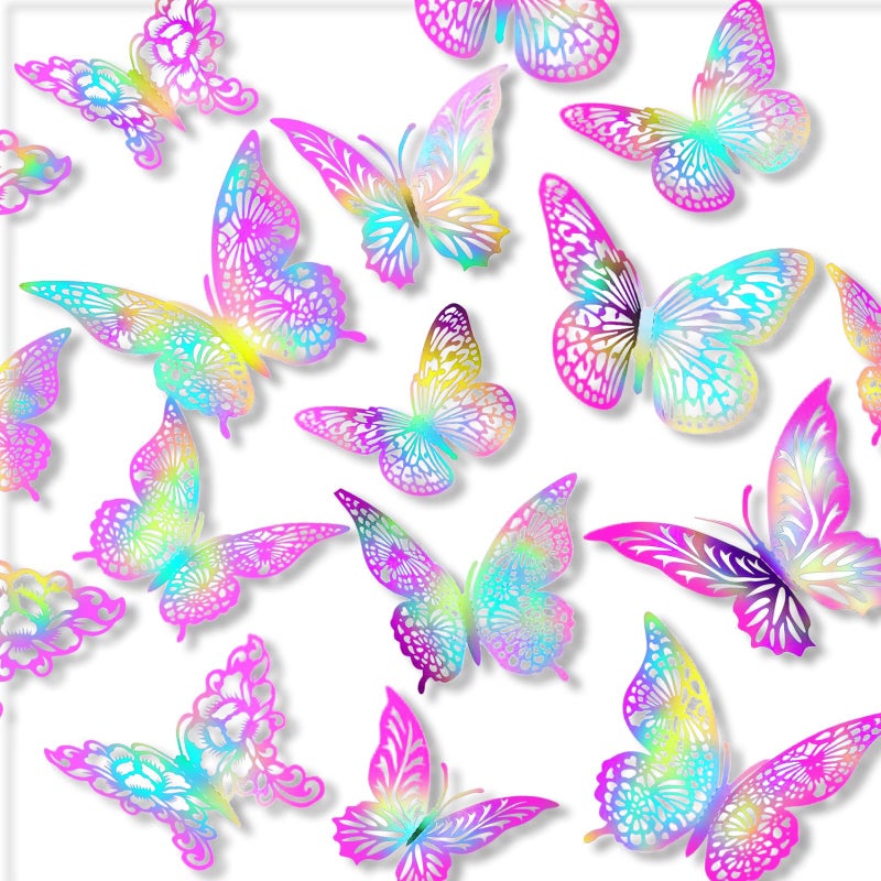 XUNXMAS 3D Butterfly Wall Decor 3 Sizes 4 Styles Butterfly Party Decorations Cake Decorations Removable Stickers Wall Decor Room Mural Metallic (Laser Pink Purple, 48Pcs) - Image 1