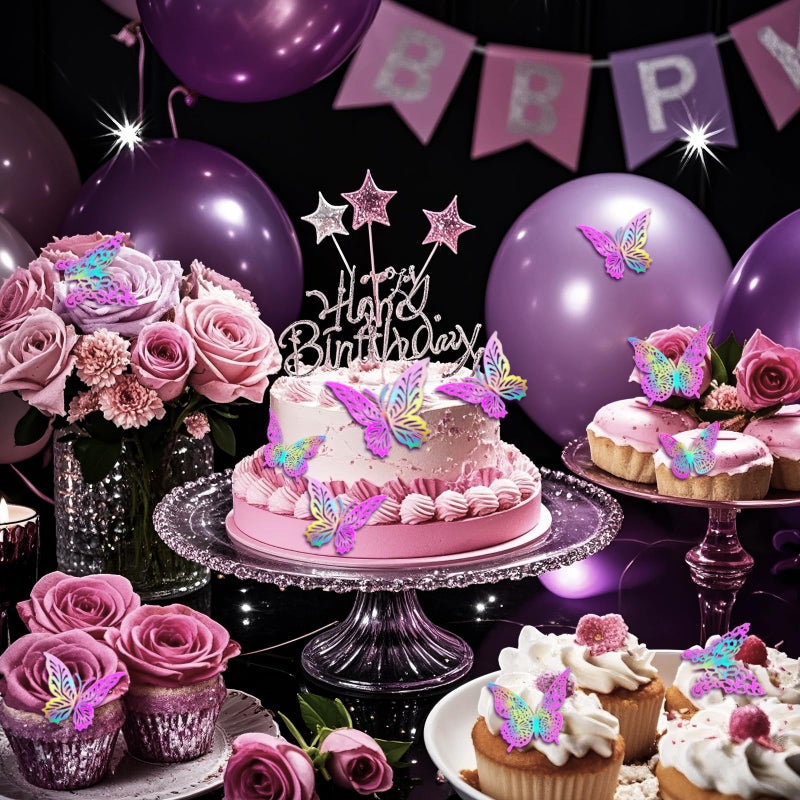 XUNXMAS 3D Butterfly Wall Decor 3 Sizes 4 Styles Butterfly Party Decorations Cake Decorations Removable Stickers Wall Decor Room Mural Metallic (Laser Pink Purple, 48Pcs) - Image 5