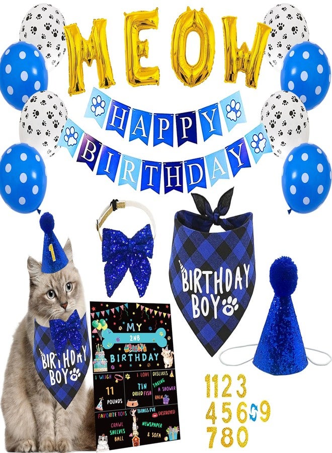 duludulu Cat Kitten Birthday Bandanas Cat Birthdays Party Supplies Party Hat Boy with Cat Birthdays Banner Balloons Meow Letter Foil Balloons for Boy Cats Kitten Decorations - Image 1