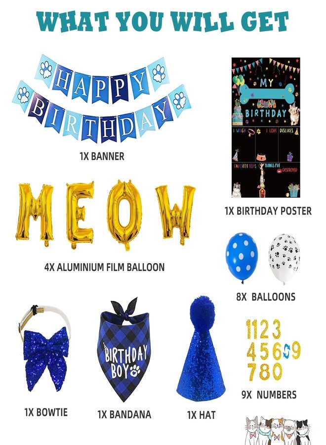 duludulu Cat Kitten Birthday Bandanas Cat Birthdays Party Supplies Party Hat Boy with Cat Birthdays Banner Balloons Meow Letter Foil Balloons for Boy Cats Kitten Decorations - Image 2