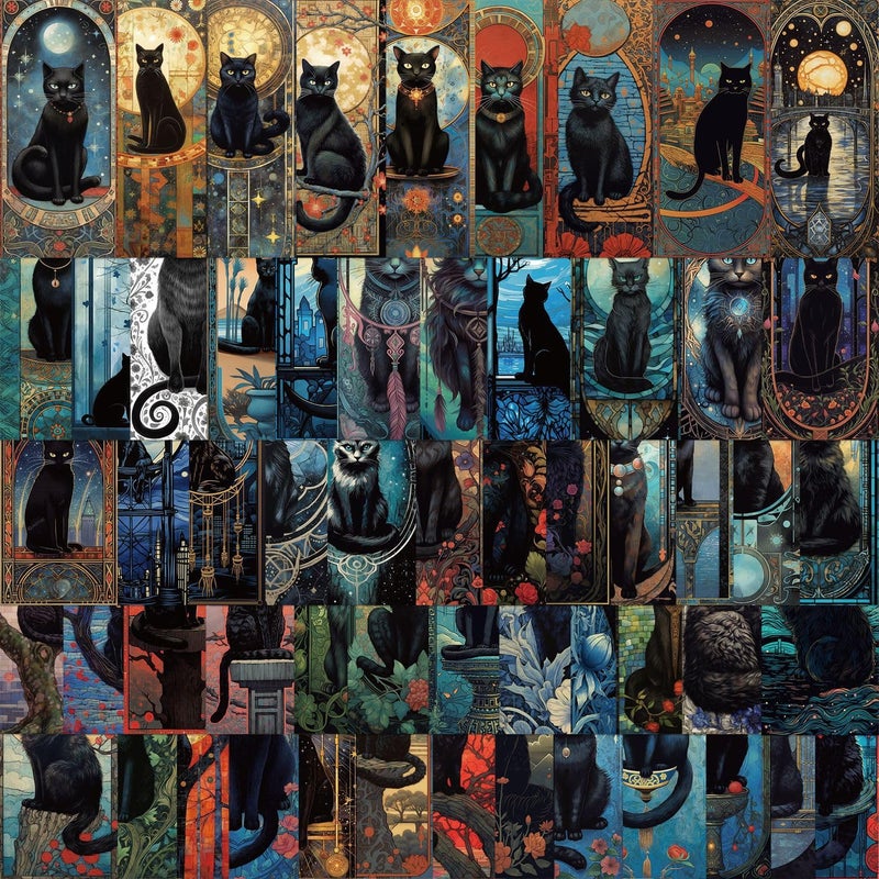 YOKSAS 60 Pcs Mysterious Black Cat Art Nouveau Stickers - Medieval Gothic Dark Witch Kitty Stickers for Laptops,Water Bottles,Scrapbooking,Journals,Halloween Decor - Image 1