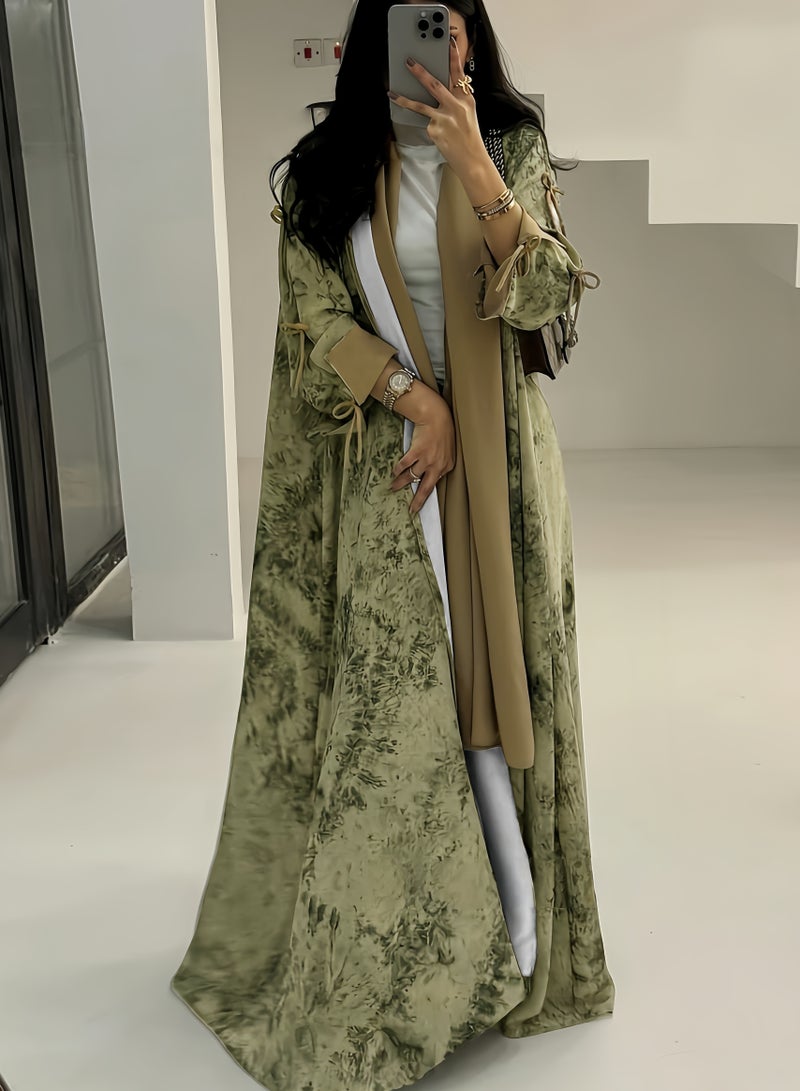 عباية أنيقة بشيفون مطبوع مفتوحة بأكمام طويلة مع حجاب متناسق – موضة عصرية للمرأة في الشرق الأوسط - Image 1