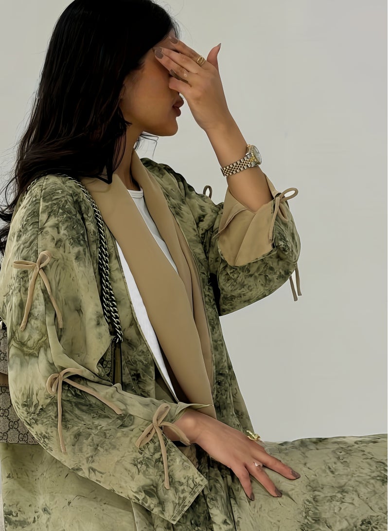 عباية أنيقة بشيفون مطبوع مفتوحة بأكمام طويلة مع حجاب متناسق – موضة عصرية للمرأة في الشرق الأوسط - Image 2