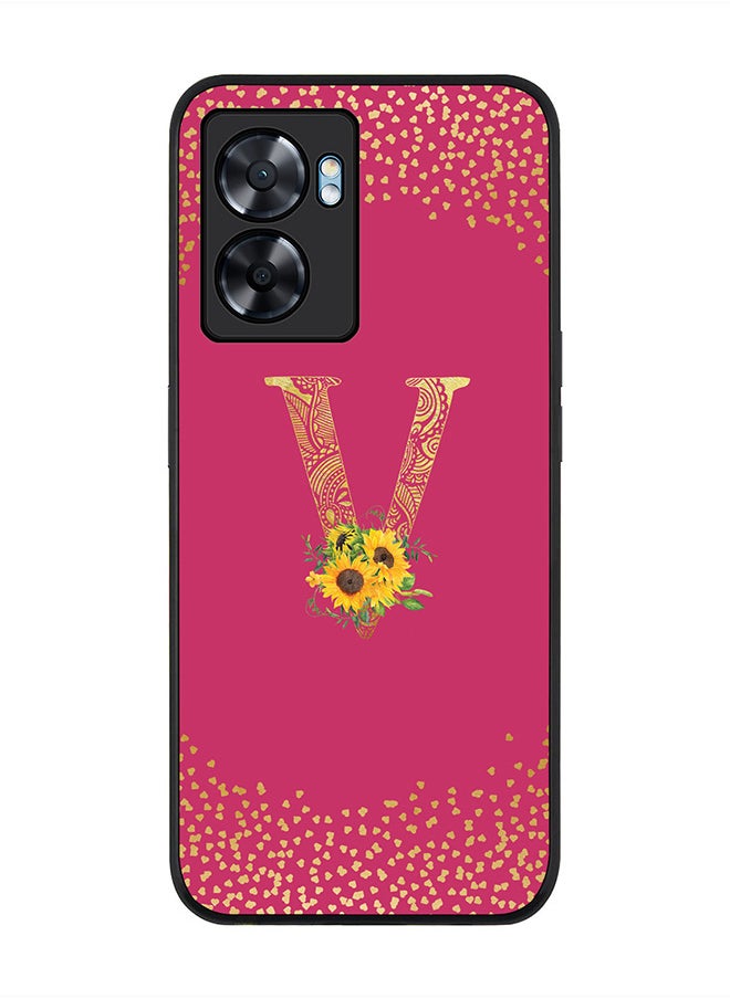 Stylizedd Rugged Black edge case for Oppo A57, Slim fit Rubber Edges Thin Cover -  Custom Monogram Initial Letter Mandala Floral Pattern Alphabet- V  (Dark Pink Rose )  - Image 1