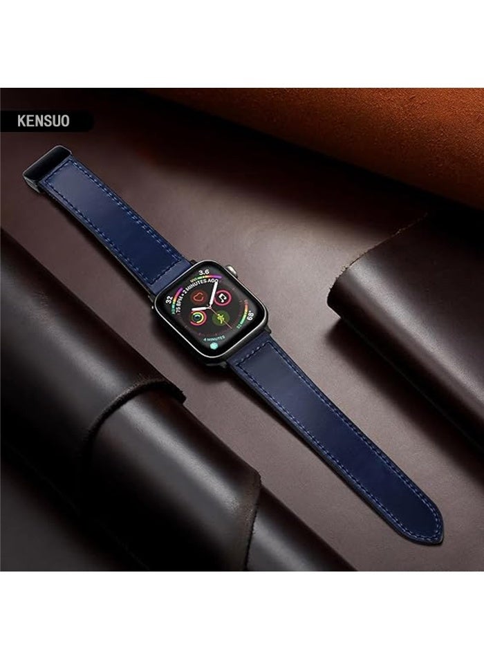 KENSUO Magnetic Leather Watch Band for Apple Watch Ultra, 49mm 45mm 44mm 42mm, Magnetic Buckle Replacement Genuine Leather Strap for Apple Watch Series, Blue - Image 5
