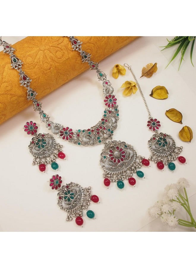 I Jewels I Jewels Navratri Ethnic Stylish Silver Oxidised Chain Pendant Long Necklace Jewellery Set Whit Earrings For Women & Girls (Style 5)  - Image 2