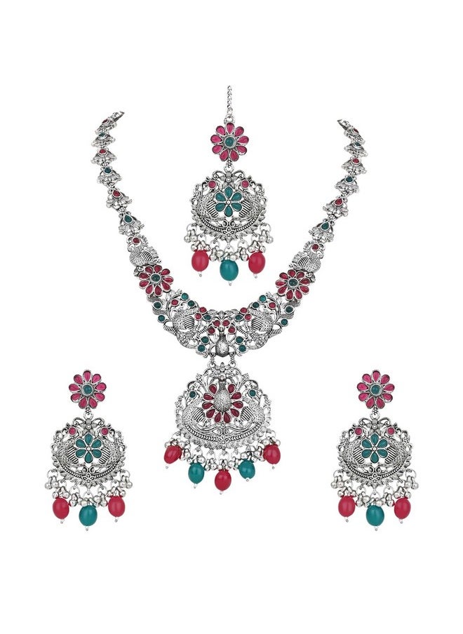 I Jewels I Jewels Navratri Ethnic Stylish Silver Oxidised Chain Pendant Long Necklace Jewellery Set Whit Earrings For Women & Girls (Style 5)  - Image 1