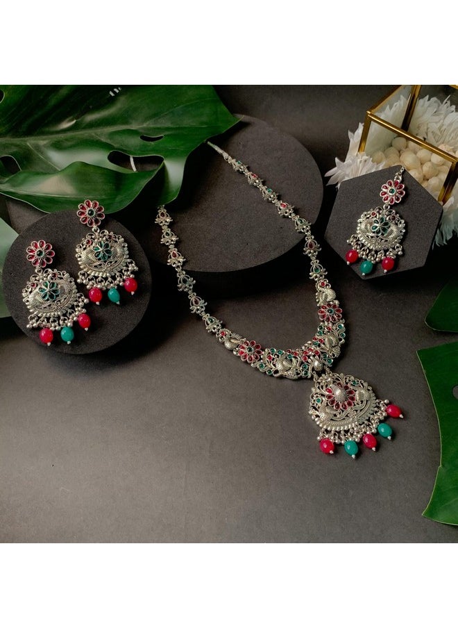I Jewels I Jewels Navratri Ethnic Stylish Silver Oxidised Chain Pendant Long Necklace Jewellery Set Whit Earrings For Women & Girls (Style 5)  - Image 3