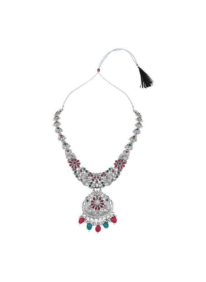 I Jewels I Jewels Navratri Ethnic Stylish Silver Oxidised Chain Pendant Long Necklace Jewellery Set Whit Earrings For Women & Girls (Style 5)  - Image 4