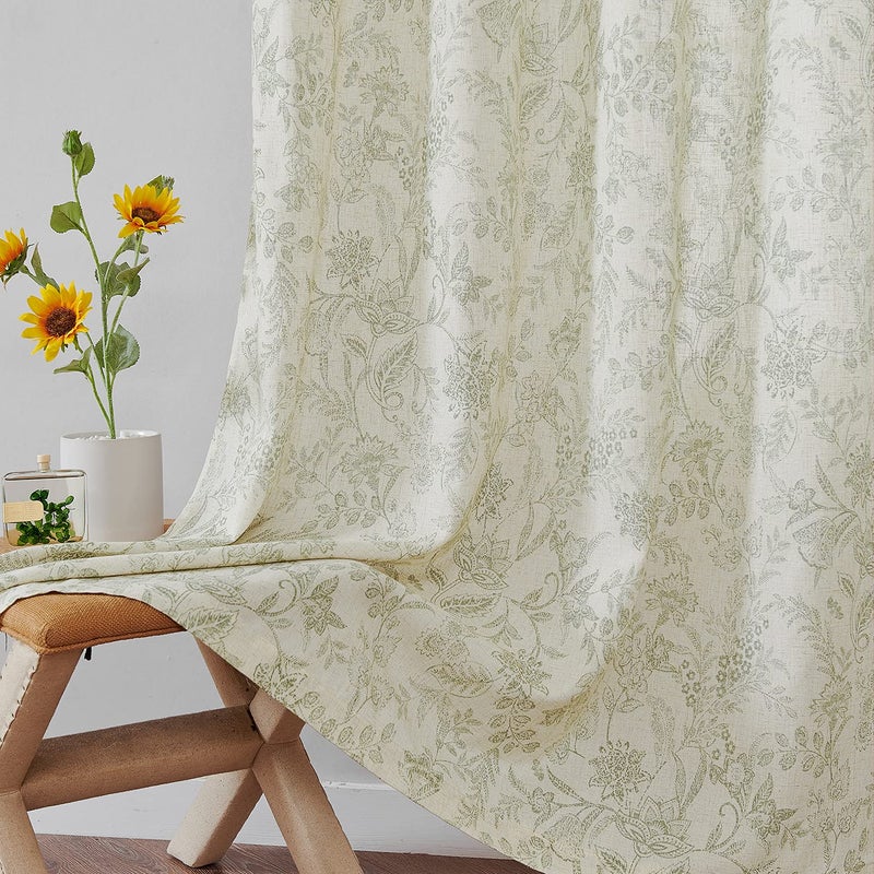 Lazzzy Linen Farmhouse Curtains for Living Room 63 Inch Length Floral Print Window Curtains Semi Sheer Drapes for Bedroom Country Light Filtering Curtain Grommet Top 2 Panels Green on Beige - Image 3