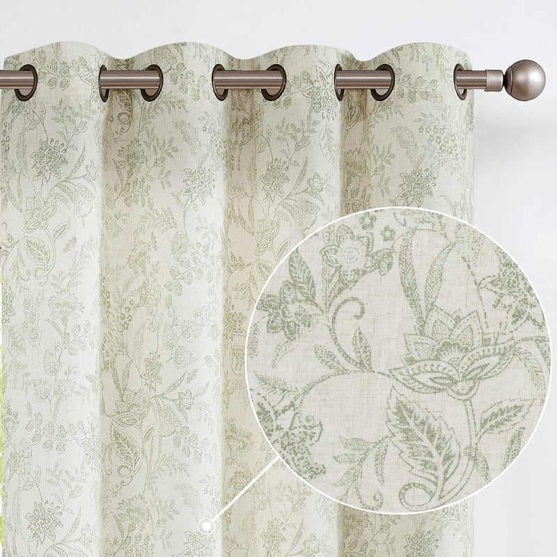 Lazzzy Linen Farmhouse Curtains for Living Room 63 Inch Length Floral Print Window Curtains Semi Sheer Drapes for Bedroom Country Light Filtering Curtain Grommet Top 2 Panels Green on Beige - Image 1