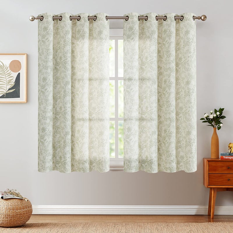 Lazzzy Linen Farmhouse Curtains for Living Room 63 Inch Length Floral Print Window Curtains Semi Sheer Drapes for Bedroom Country Light Filtering Curtain Grommet Top 2 Panels Green on Beige - Image 2