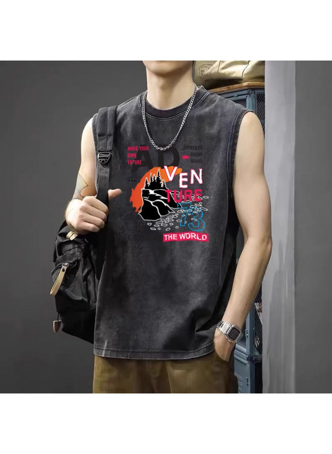 American High Street Retro Washed Distressed Sports Vest Trendy Brand Sleeveless T-shirt Loose Casual Fitness Short Sleeve