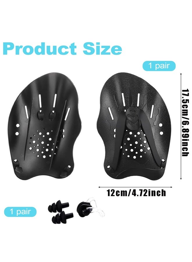 1 Pair Adjustable Swimming Hand Paddles with Nose Clip Earplugs for Adults Kids Unisex Black - Image 2