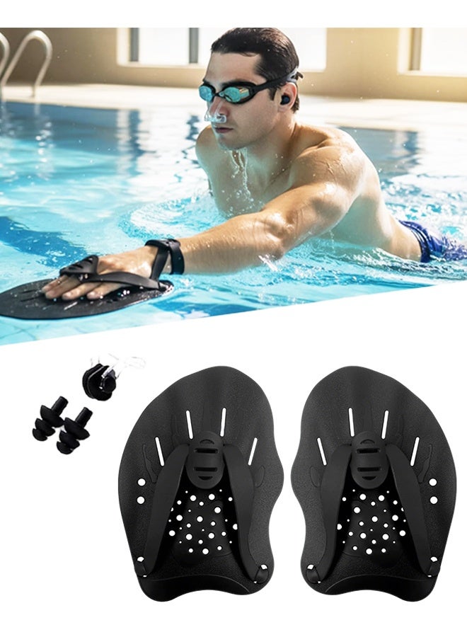 1 Pair Adjustable Swimming Hand Paddles with Nose Clip Earplugs for Adults Kids Unisex Black - Image 1