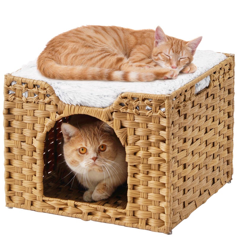 SETVSON Cat Beds Indoor Kitten House, Handwoven Rattan Cat Cave Pet Cube, Large Cat Houses, One Bed Mat, Foldable, Hideaway, 16.5x16.5x13.2 Inches, 2 S-Shaped Hooks in Living Room Bedroom Natural - Image 1