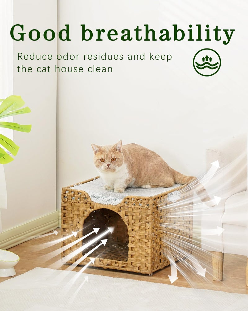 SETVSON Cat Beds Indoor Kitten House, Handwoven Rattan Cat Cave Pet Cube, Large Cat Houses, One Bed Mat, Foldable, Hideaway, 16.5x16.5x13.2 Inches, 2 S-Shaped Hooks in Living Room Bedroom Natural - Image 3