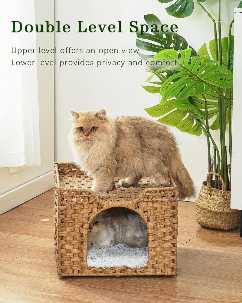 SETVSON Cat Beds Indoor Kitten House, Handwoven Rattan Cat Cave Pet Cube, Large Cat Houses, One Bed Mat, Foldable, Hideaway, 16.5x16.5x13.2 Inches, 2 S-Shaped Hooks in Living Room Bedroom Natural - Image 2