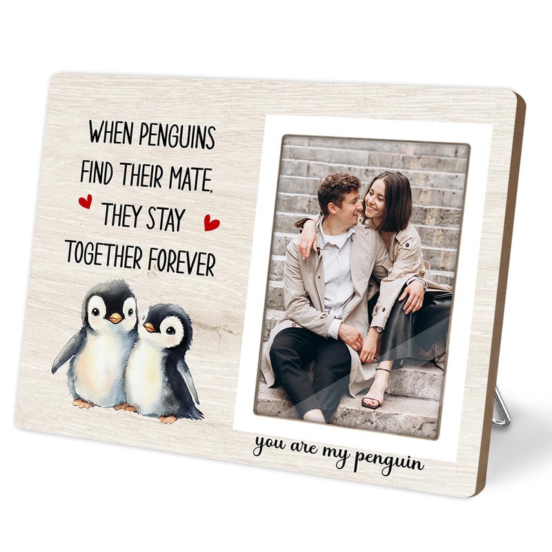 KLYTINK Penguin Photo Frame Gift, Engagement Picture Frame, Wedding Gifts for Couple, Valentine's Gift for Him Her, Anniversary Couple, fits 4x6 Photo, When Penguins Find Their Mate They Stay Together Forever - Image 1