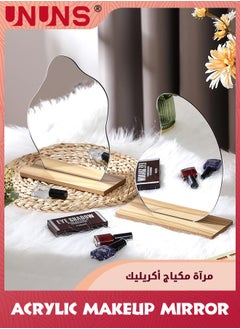 UNUNS Acrylic Makeup Mirror,2 Styles Of Vanity Mirror,Room Decor Aesthetic Mirror With Wooden Stand,Frameless Tabletop Mirror,Standing Irregular Mirror For Bedroom/Living Room/Minimal Spaces Room Decor  - Image 2