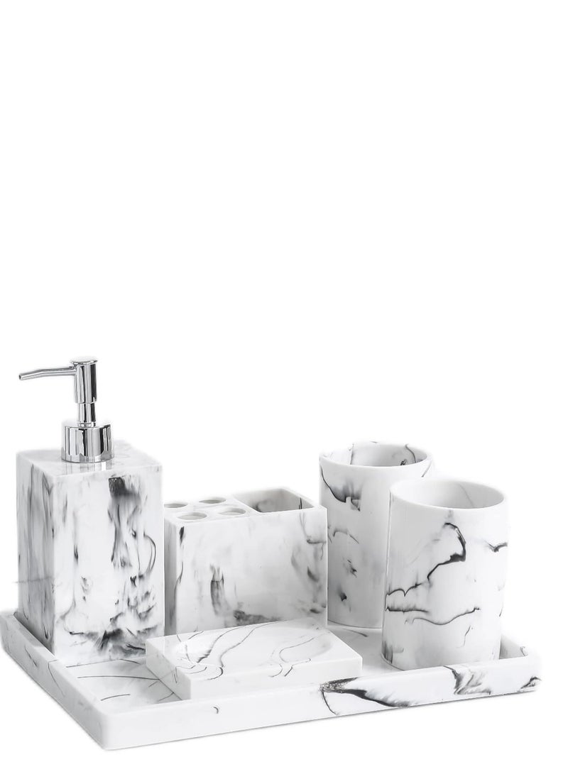 Bathroom Accessories Set, 6 Pcs Marble Look Sets Soap Dispenser u0026 Toothbrush Holder Counter Top Restroom Apartment Decor Stuff, Resin Kits, Gift for Women and Men, Ink White - Image 1