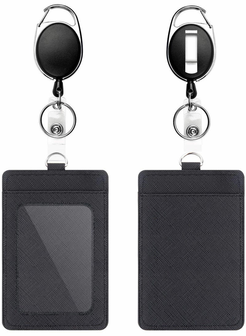 2 Pcs Heavy Duty Retractable Badge Holder Set with Carabiner Clip - Vertical Leather ID Card Holder in Black for Easy Access - Image 1