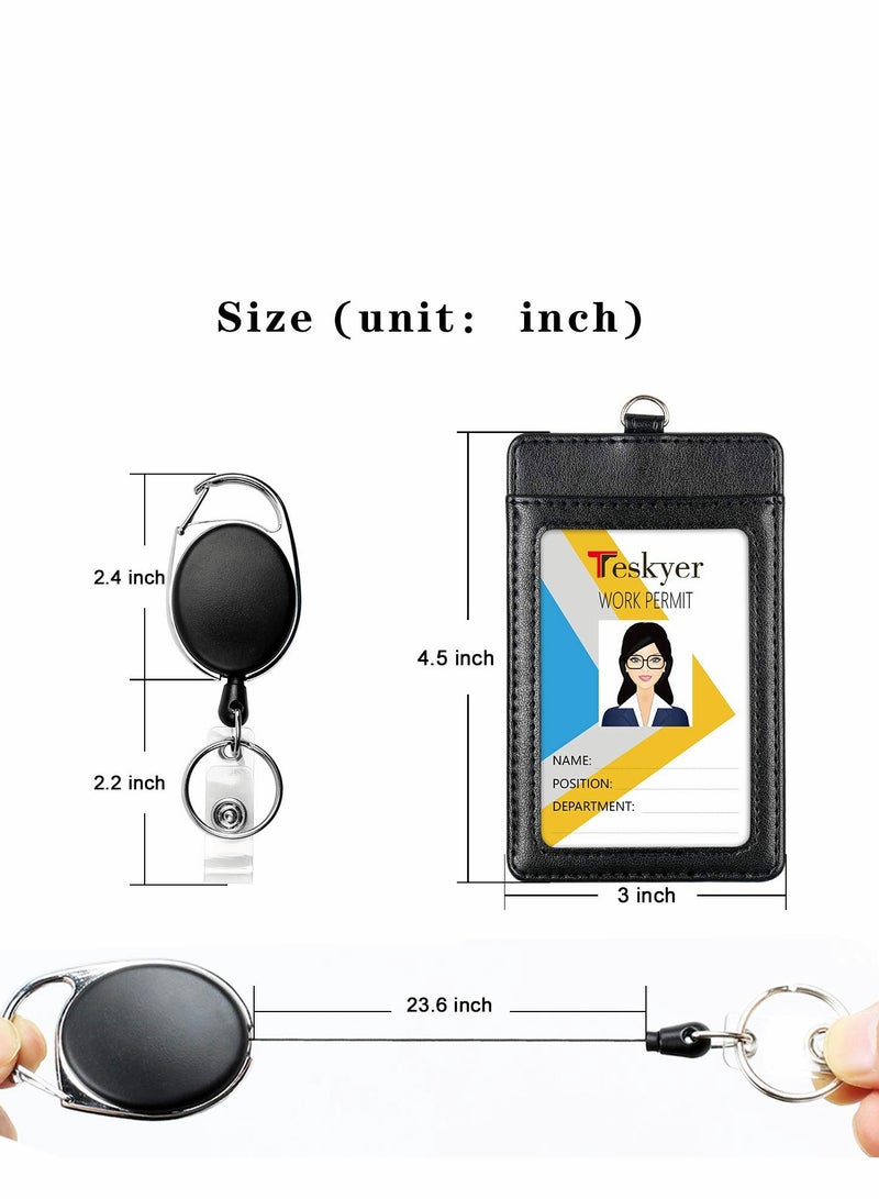 2 Pcs Heavy Duty Retractable Badge Holder Set with Carabiner Clip - Vertical Leather ID Card Holder in Black for Easy Access - Image 2