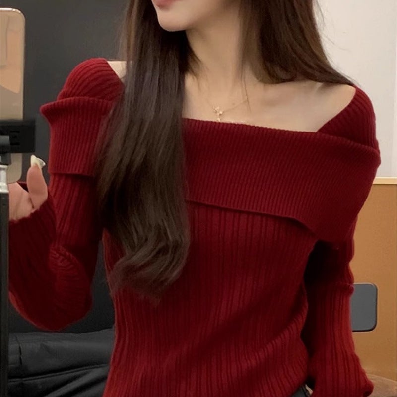 Early Spring Wear Shoulder Red Sweater Womens 2024 New Explosive Short Spring and Autumn Base Knitted Shirt Top Burgundy [flat edge 10786] upgraded version