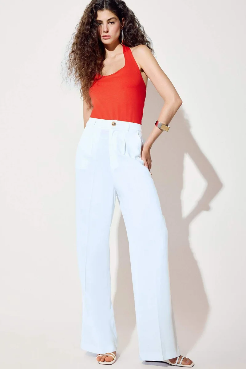 ديفاكتو Wide Leg High Waist Linen Blend Trousers