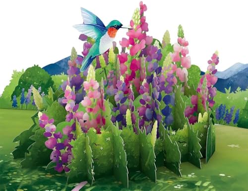 Lovepop Lupine Hummingbird Pop-Up Card - Hummingbird Pop-Up Greeting Cards - 3D Birthday Card - 5" x 7" - Envelope Included - Image 1