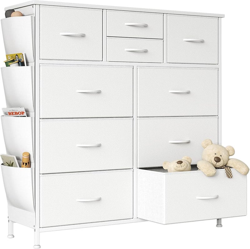 Bentifar 10 Drawers Dresser, Chest of Fabric Drawers with Side Pockets, Metal Frame, Wood Top, Storage Drawers Organizer Unit for Living Room, Closet, Hallway, 100 * 30 * 90 cm (White) - Image 1