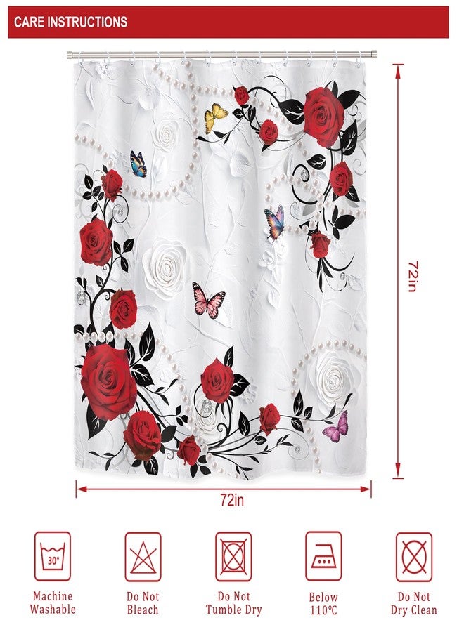 ريديكور طقم ستارة حمام من 4 قطع من رييديكور، مزين بالورود الحمراء، مع سجاد مانع للانزلاق، وغطاء للمرحاض، وسجادة على شكل حرف U، وزهور بورغندية أنيقة، وديكور زفاف للحمام، مقاس 72 × 72 بوصة مع 12 خطافًا. - Image 5