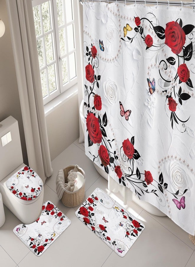 ريديكور طقم ستارة حمام من 4 قطع من رييديكور، مزين بالورود الحمراء، مع سجاد مانع للانزلاق، وغطاء للمرحاض، وسجادة على شكل حرف U، وزهور بورغندية أنيقة، وديكور زفاف للحمام، مقاس 72 × 72 بوصة مع 12 خطافًا. - Image 3