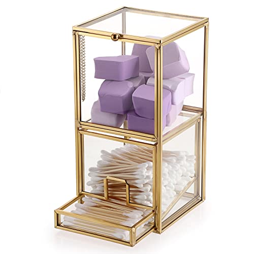 Hipiwe Gold Glass Qtip Holder with Lid 2 Compartments Cotton Balls Swab Organizer Cotton Round Pads Holder Makeup Pad Cosmetic Storage Case Qtip Dispenser for Dresser Countertop