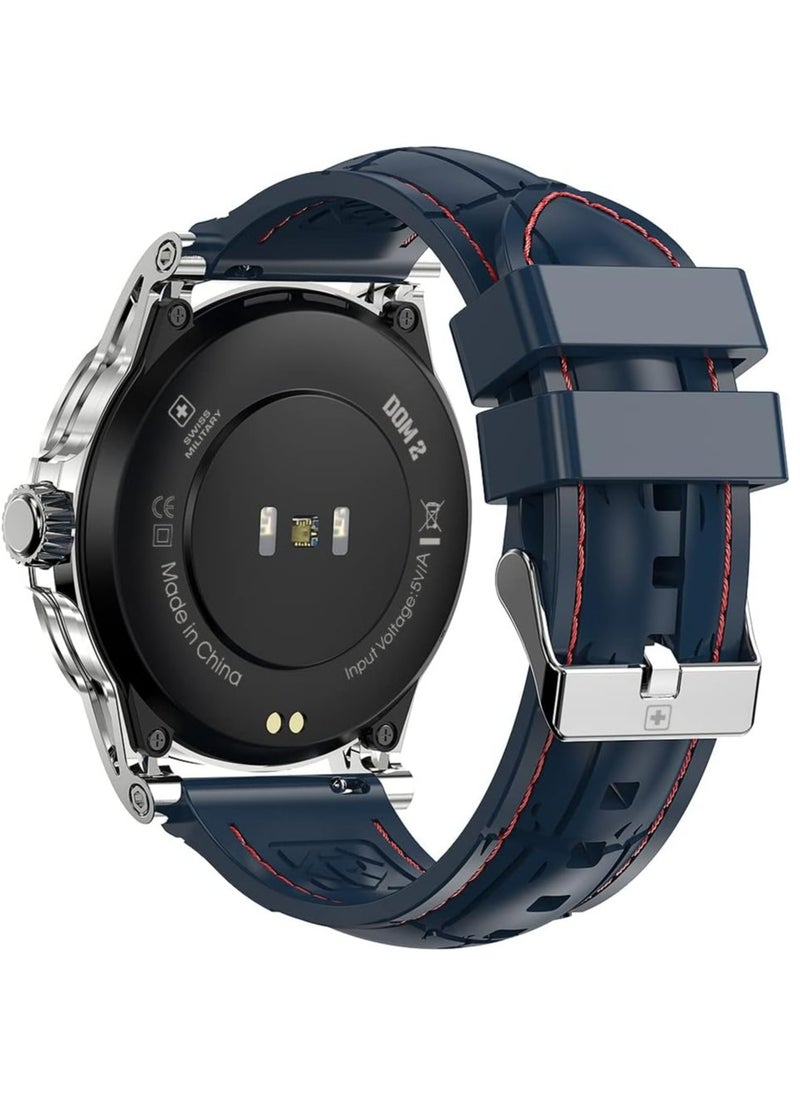 SWISS MILITARY - Swiss Military Dom 2 Smartwatch – Bluetooth Calling, 1.39” HD Display, Heart Rate/BP/Oxygen Monitoring, 10 Workout Modes, Sleep Tracking, IP67 Water Resistant – Silver Frame / Blue Silicon Belt – iOS & Android Compatible - Image 1