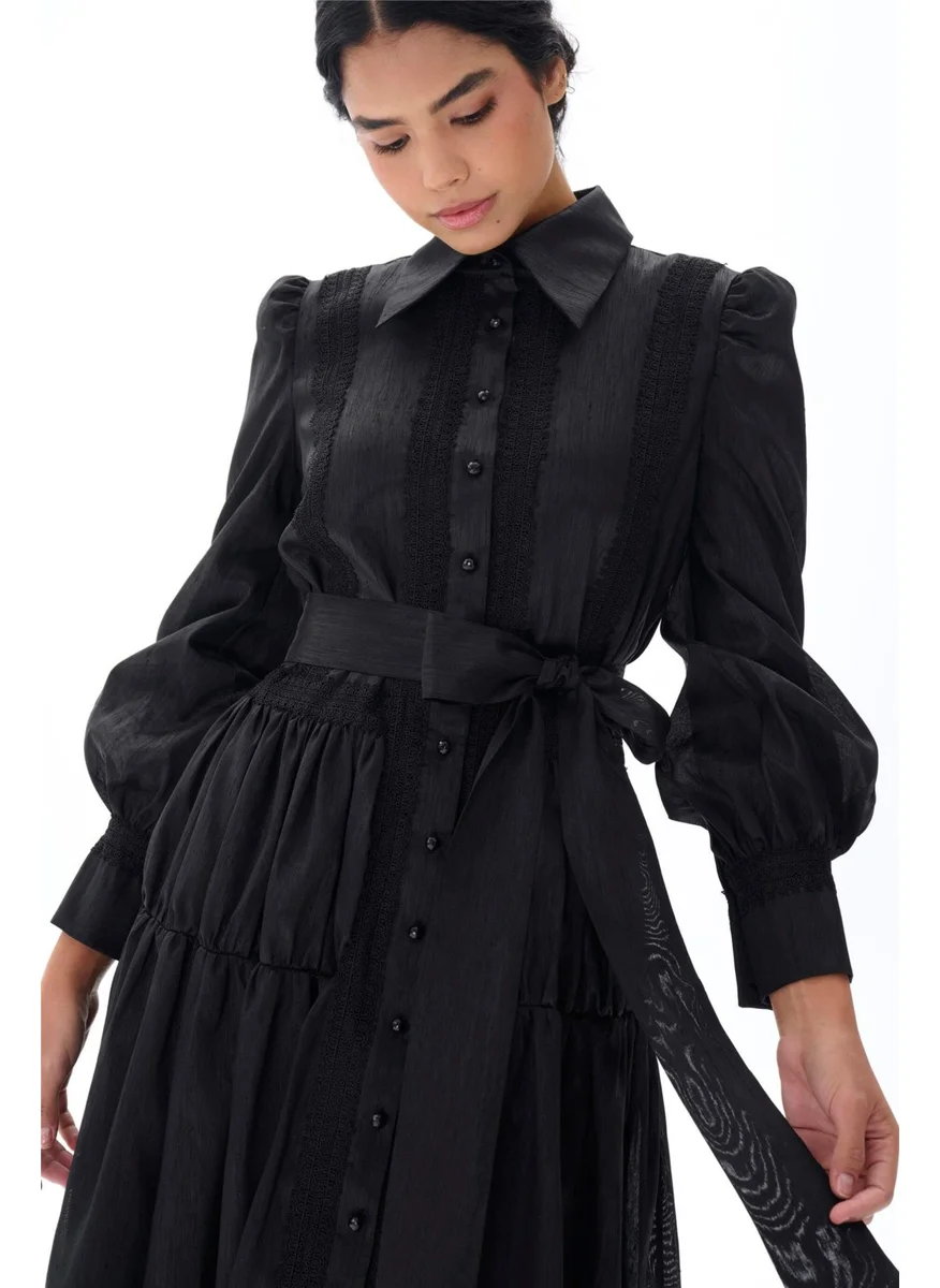 Miha Lace Stripe Detailed Taffeta Dress Black