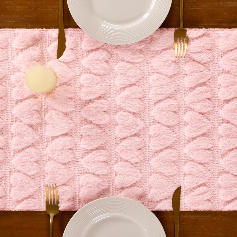 Socomi Pink Heart Valentine's Day Romantic Plush Faux Fur Jacquard Table Runner for Holiday Kitchen Dining Table Decoration Home Party Decor 13x72 Inch - Image 4